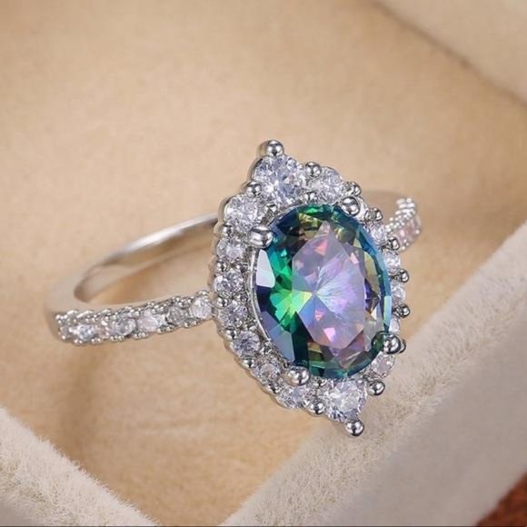 NEW 925 STERLING SILVER MYSTIC TOPAZ HALO RING, CUTE RING, SHINY RING. - Picture 2 of 9